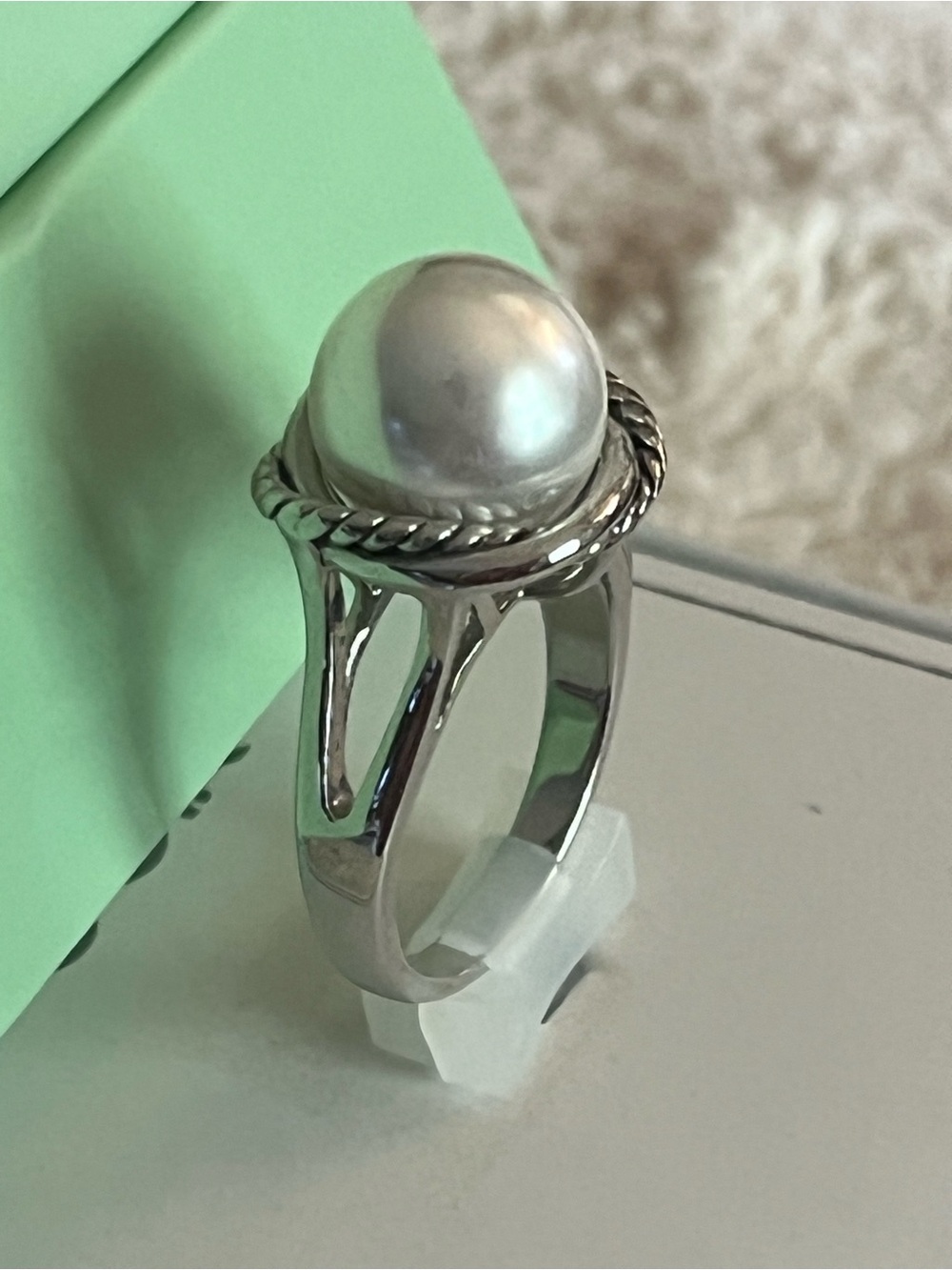 Sterling Silver White Pearl Rope-Trim Ring sz 9